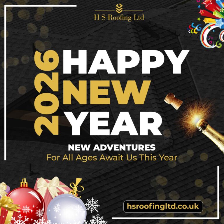 Happy New Year 2026 banner by HS Roofing Ltd featuring a rooftop background, festive fireworks, and seasonal decorations.